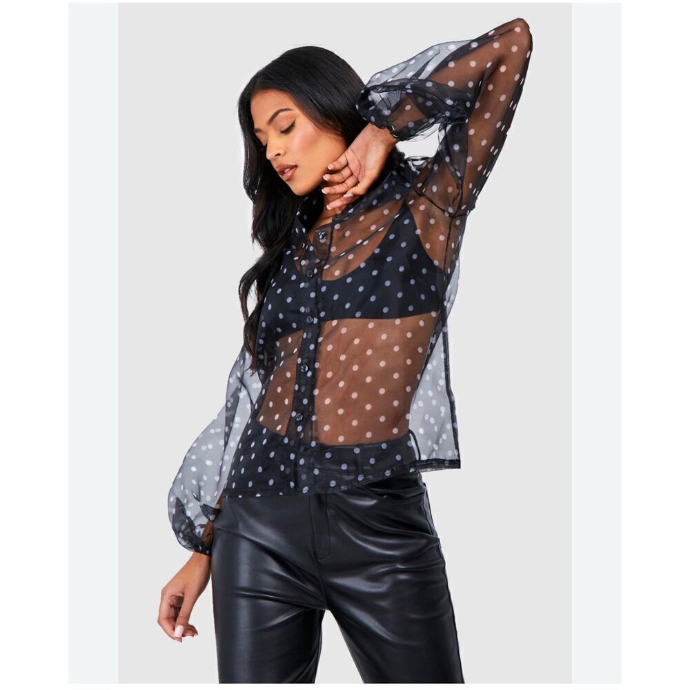 Kaktus Black Top Women’s S 4 6 Black Dramatic Sheer Blouse festive holiday party
